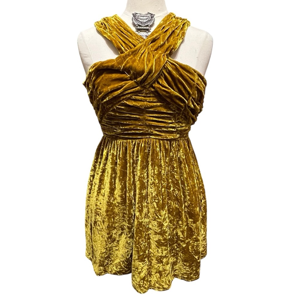 Topshop Mustard Crushed Velvet Mini Dress Size 6 - Picture 2 of 10